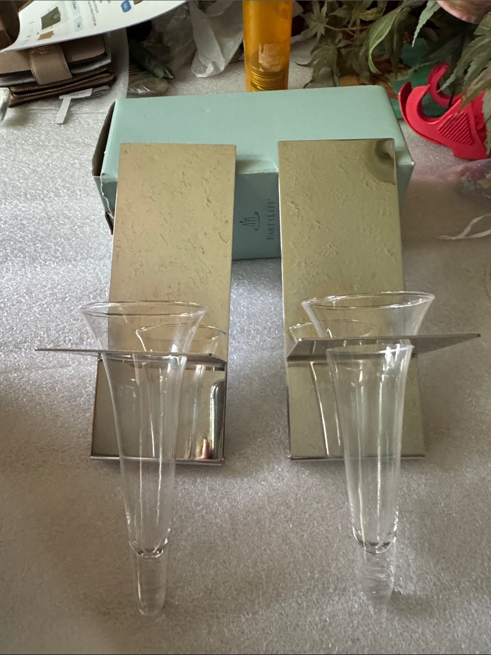 Partylite Pair of Wall Bud Vases in Clear Glass with Silver Metal Backplates